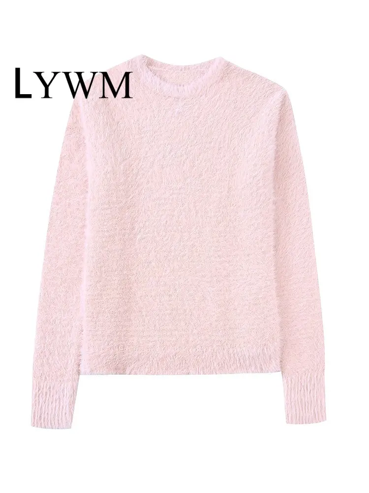 

LYWM Women Fashion Faux Fur Soild Knitted Pullover Sweater Vintage O-Neck Long Sleeves Female Chic Lady Tops