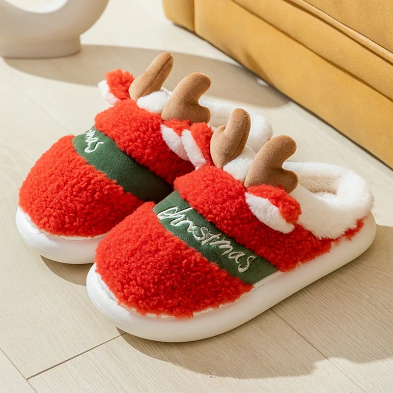 

Thick Bottom Christmas Deer Slippers 2022 New Women Men Indoor Warm Slipper Soft Plush Home Floor Lovers Winter Platform Shoes