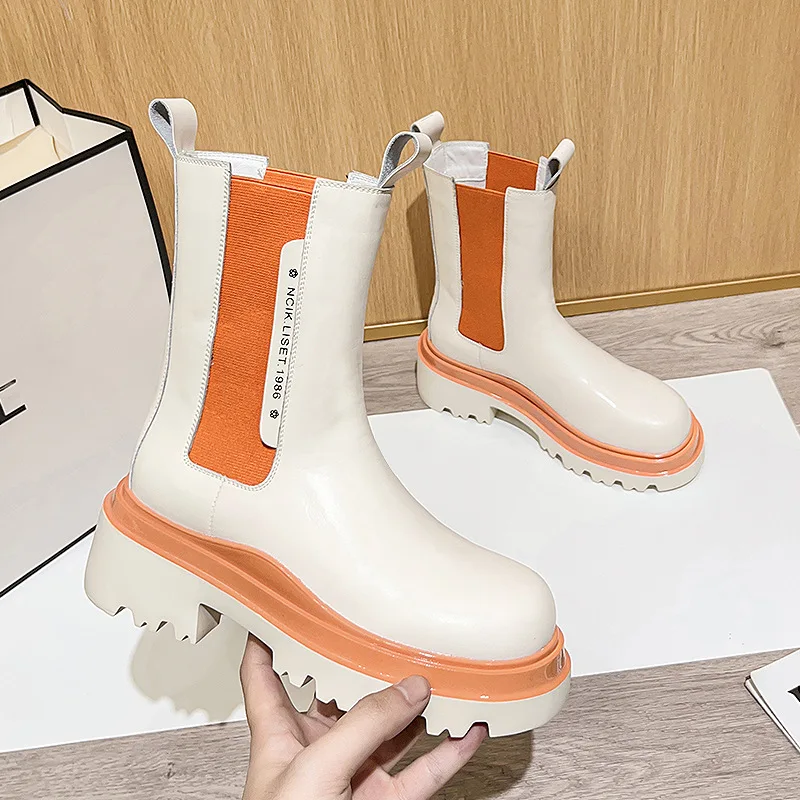 

Ботинки женские на платформе, дизайнерские короткие сапоги, средней длины, с круглым носком, на толстой подошве, кожаные короткие сапоги