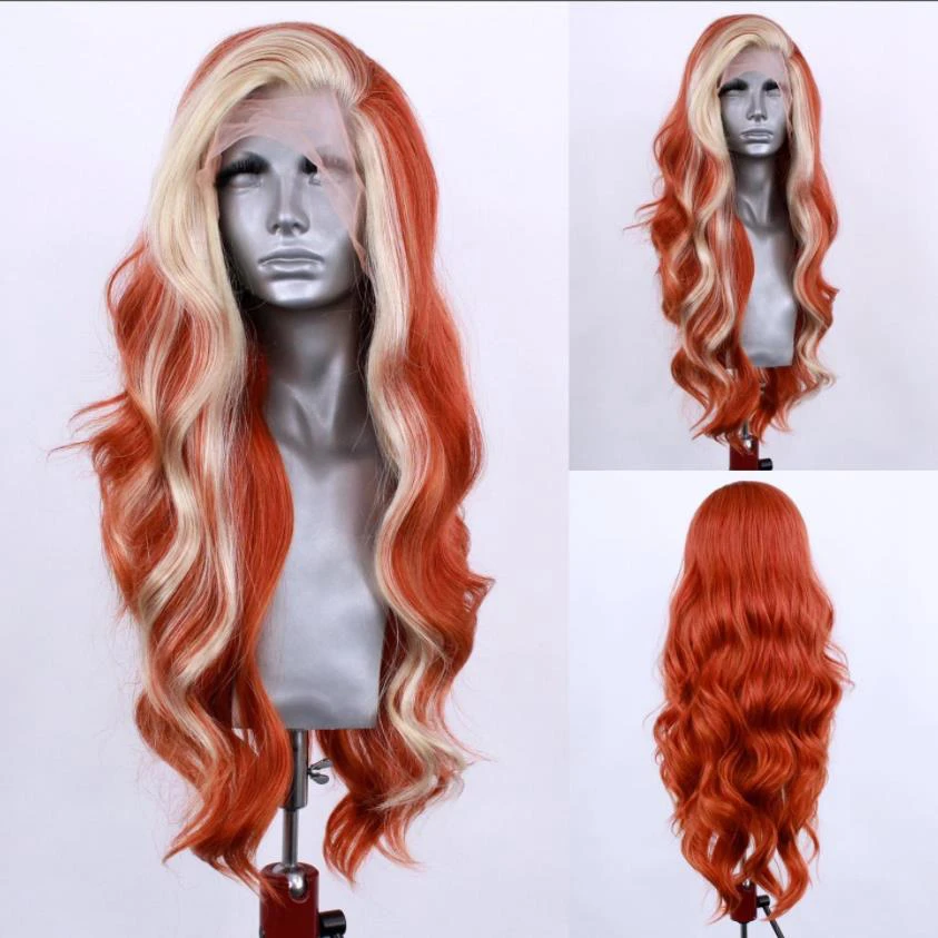 

Long Synthetic Lace Front Wig Ginger Highlight Blonde Wigs for Women Body Wave Lace Wig High Temperature Fiber Cosplay Drag Wigs