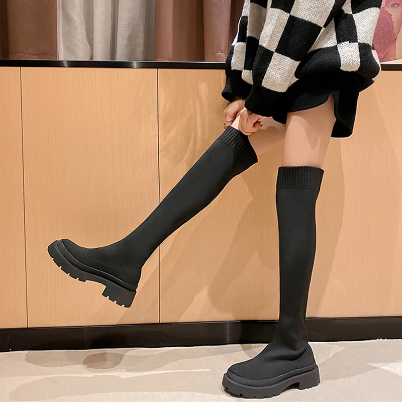 

Over The Knee Boots New Knitted Elastic High Boots for Autumn and Winter 2023 Women's Fashion Platform Thigh-high Boots