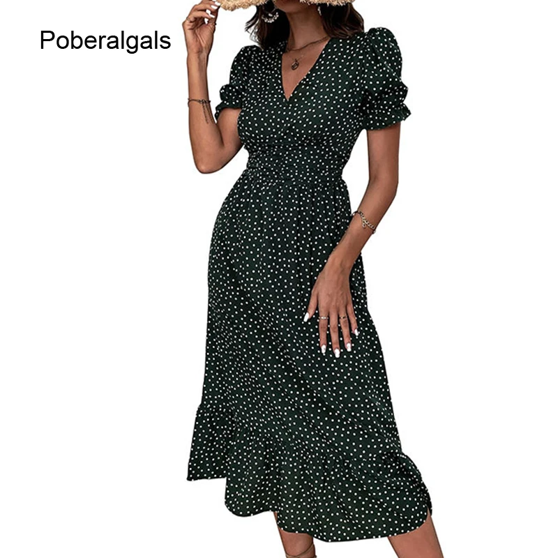 

Vintage Elegant Women Summer Dresses Dot Print Dress 2022 New Vintage V Neck Ruffle Short Sleeve Green Slim A-line Midi Dress