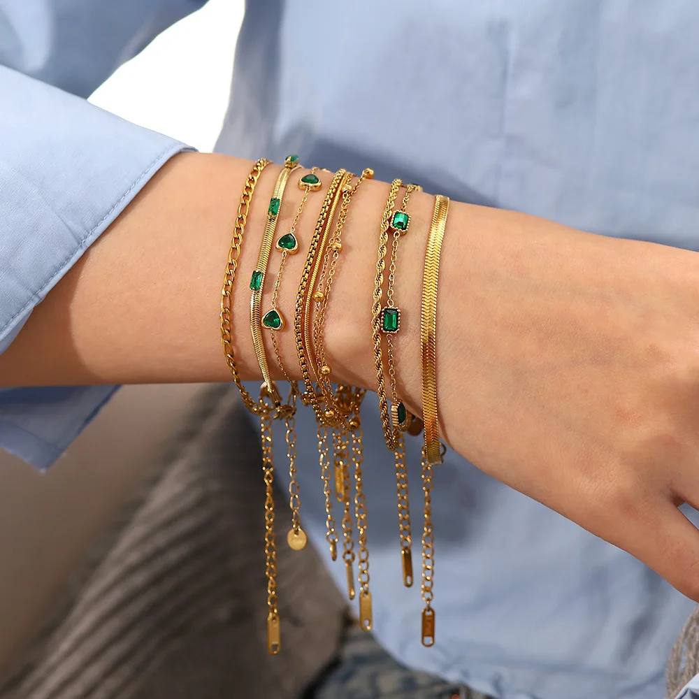 

Женский браслет-цепочка со змеиным плетением, браслет из нержавеющей стали с зеленым цирконием и покрытием из 18-каратного золота, Подарочная бижутерия