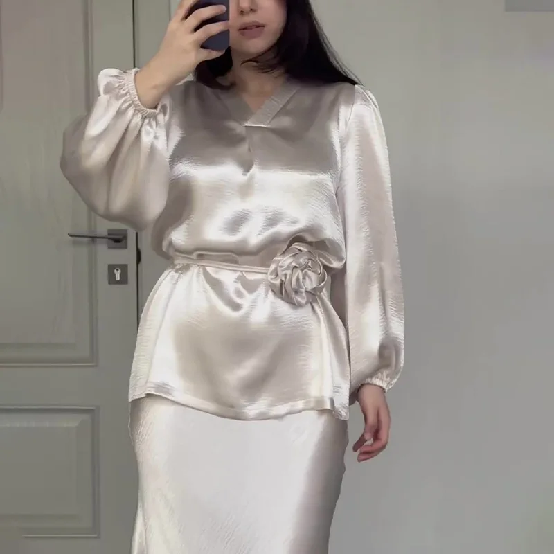 Женский элегантный костюм из двух предметов однотонный топ с длинным рукавом и