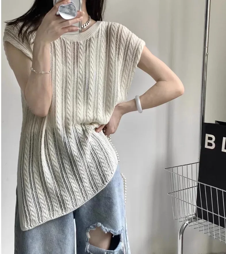 Новый вязаный женский топ средней длины с боковым разрезом и круглым вырезом для