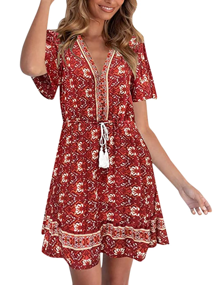 

Летние женские платья 2022, богемное пляжное мини-платье трапециевидной формы с коротким рукавом, v-образным вырезом и цветочным принтом