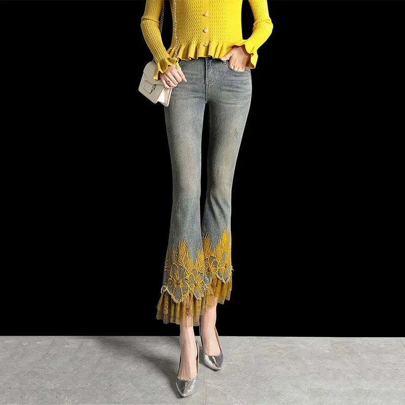 

Flared Jeans Women's Fashion Embroidered Denim Trousers Spring Autumn 2023 High-waisted Slim Bell-bottomed Pants Ladies Female