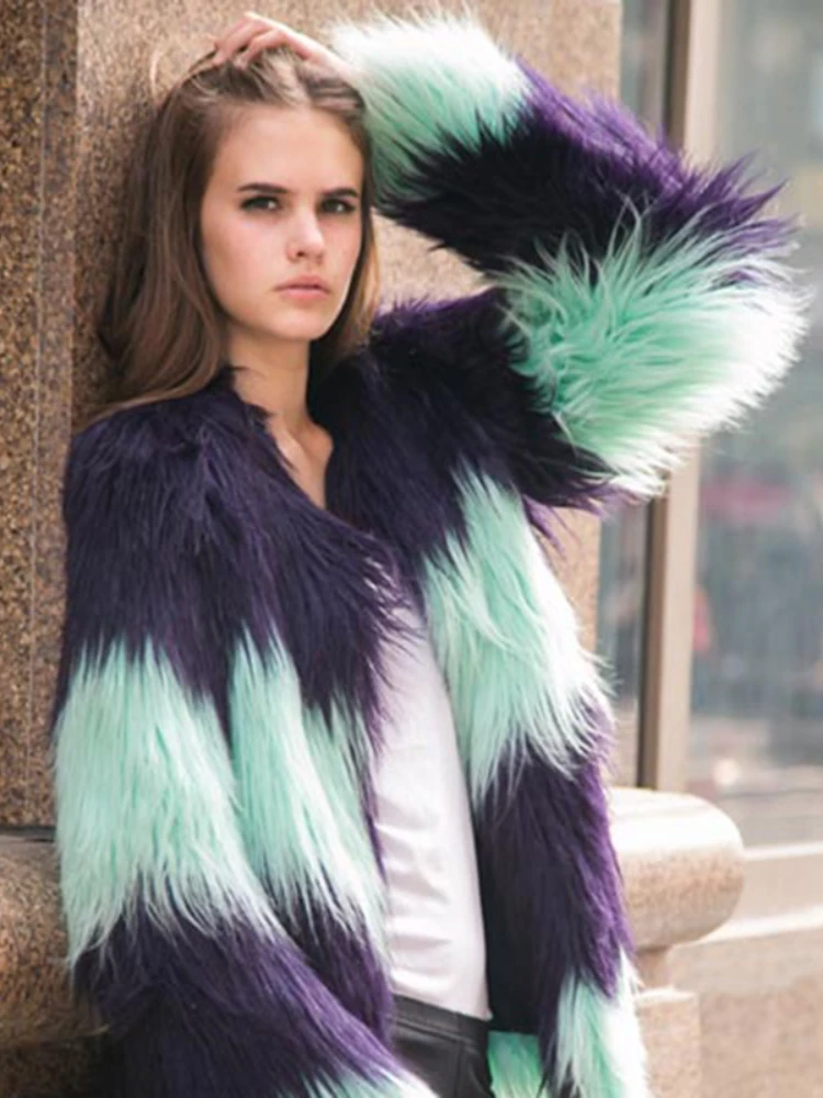 Fashion Patchwork Long Faux Fox Fur Coat Women 2022 Winter Elegant Warm Thick Ladies Outwear High Street Casual Coats