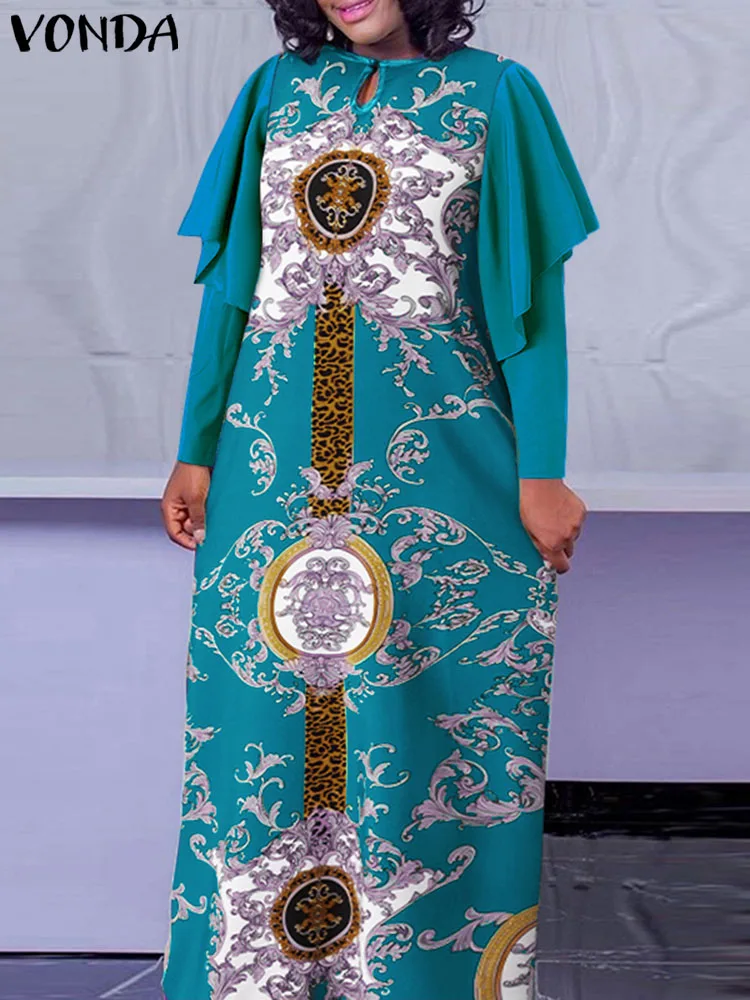 

Women Summer Maxi Dresses VONDA Bohemian Ruffled Dress Vintage Printed Sundress 2023 Summer Casual Loose Hollow Party Vestidos