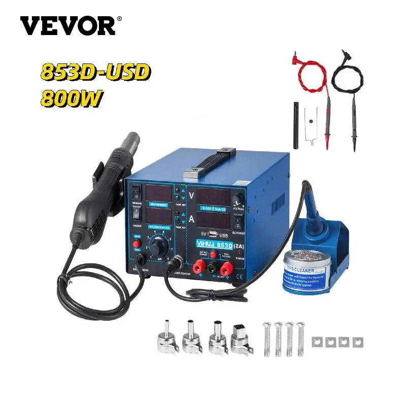 

VEVOR 853D-USB 2A SMD Hot Air Heat Gun Rework Soldering Iron Station 15V Power Output 3in1 Repair Desoldering BGA Circuit Board