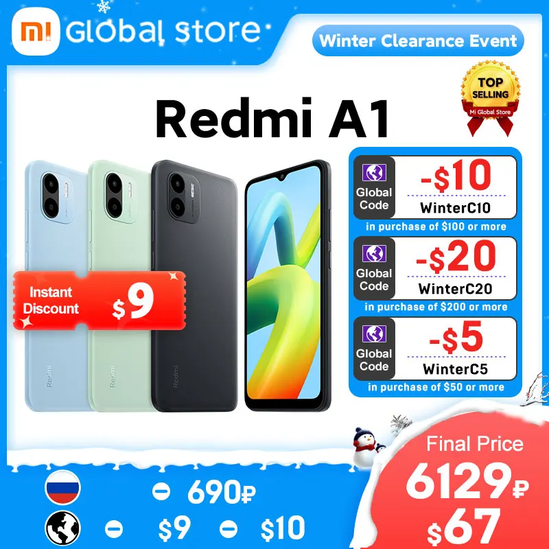  Global Version Xiaomi Redmi A1 Smartphone 2GB RAM 32GB ROM MTK Helio A22 8MP Camera Cellphone 5000mAh Battery 5MP Front Camera 