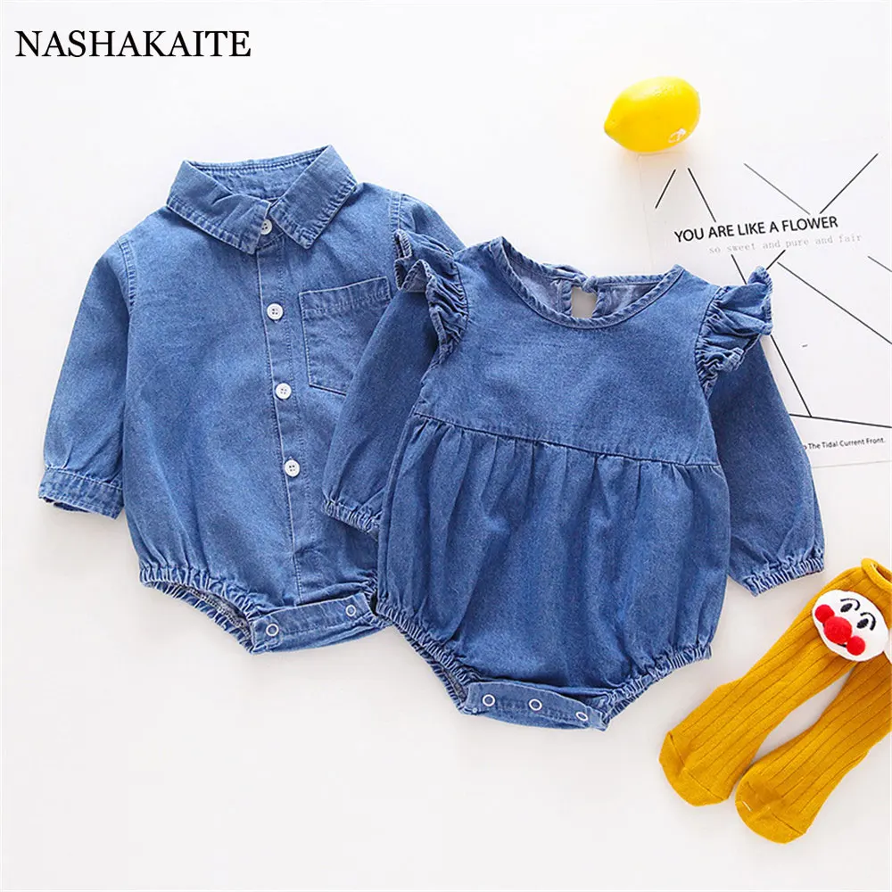 

2022 New Baby Clothing Rompers Denim Long Sleeved Jumpsuit Cute Toddler Baby Bodysuits Brother Sister Family Matching Clothes