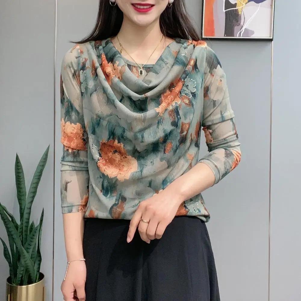 

Женская шифоновая блузка с длинным рукавом, свободная повседневная офисная блузка с винтажным принтом и воротником-стойкой, Z243, весна 2023
