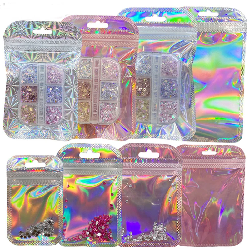 

50pcs/lot Laser Storage Bag Aluminum Foil Cosmetics Zip Lock Bags Zipper Pouch Clear Holographic Jewelry Packaging