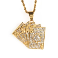 iced out bling playing card pendant gold color stainless steel straight flush necklace for men women hiphop jewelry dropshipping