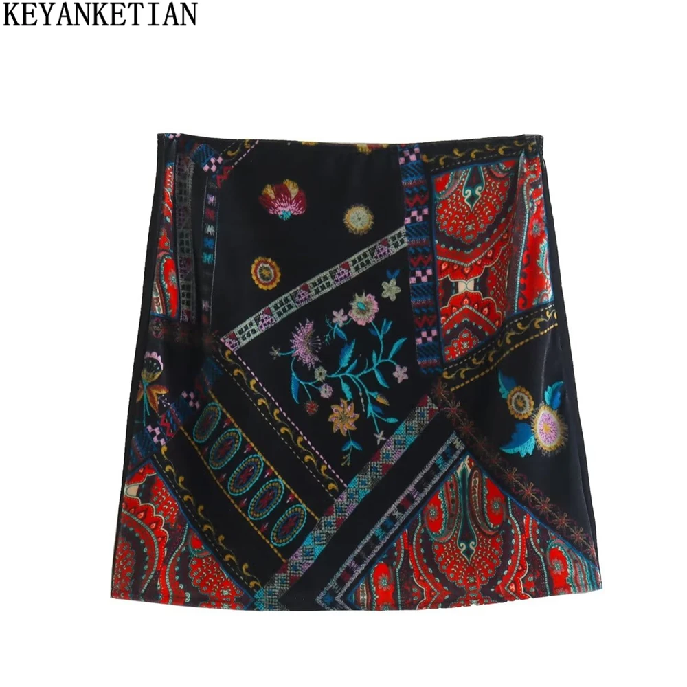 

KEYANKETIAN summer new national style printed high-waisted half skirt women's new zipper stitching bag hip A-line mini skirt