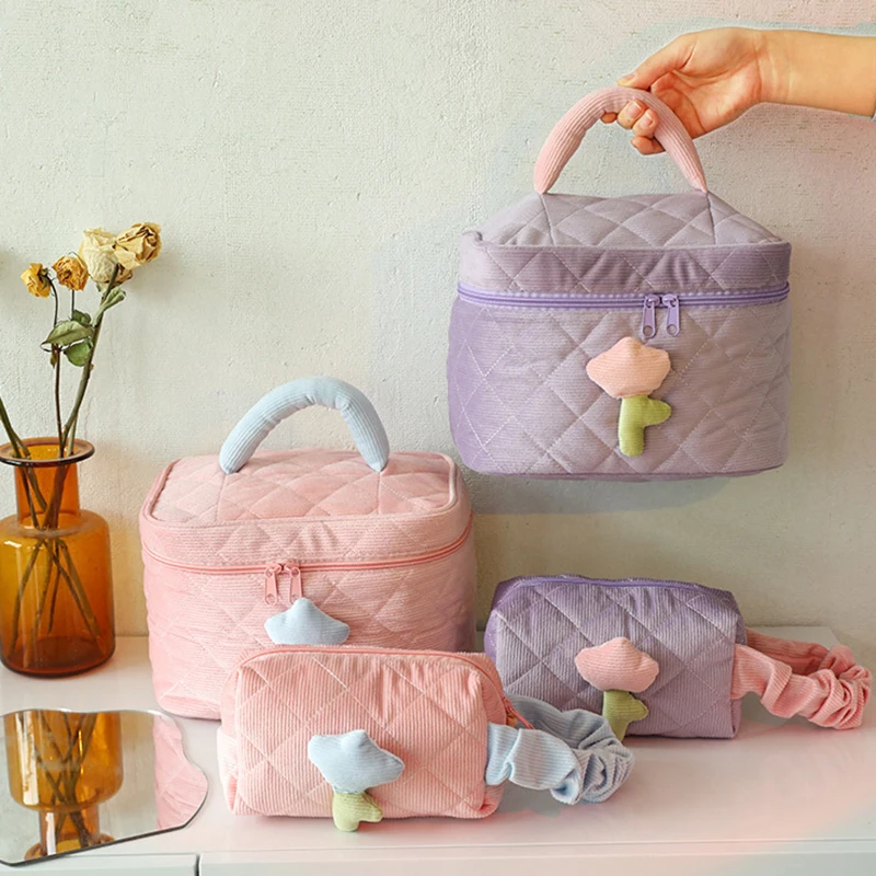 

1Pc Travel Cosmetic Bag Portable Large Capacity Tulip Makeup Pouch Corduroy Zipper Toiletry Cases Storage Box Pouch