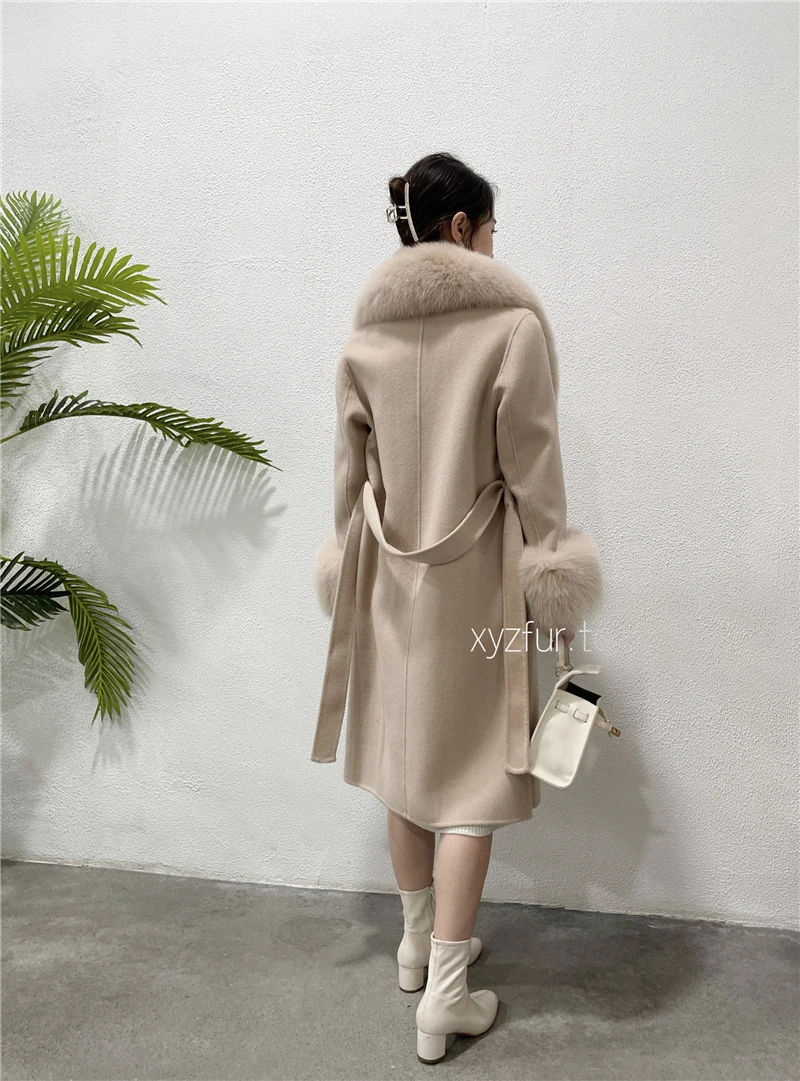2022 Cashmere Wool Blends Real Fur Coat Belt Winter Jacket Women Natural Fox Fur Collar Cuffs Streetwear Outerwear  X-long