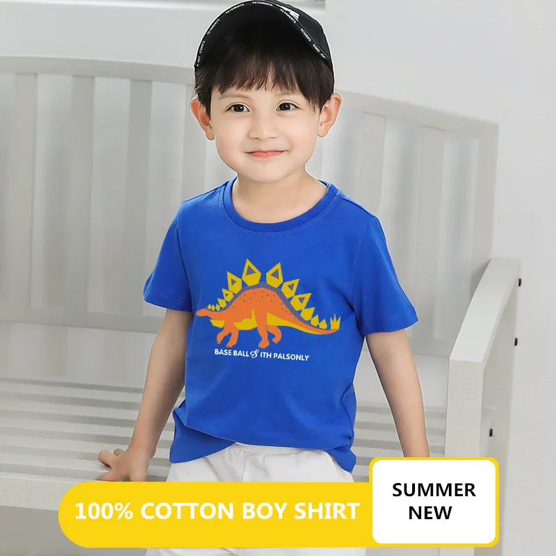 

T Shirt Cartoon Animals Baby Kids Boys Girls Children Cotton Short Sleeves Summer Clothing Dinosaur Print Tee Blue Toddler 2-10Y