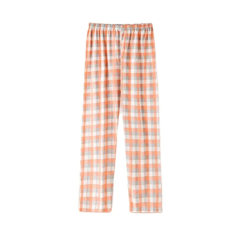 

Plaid pajamas spring cotton long pants Japanese style simple elastic waist casual big yards 4XL lattice women home sleep bottoms