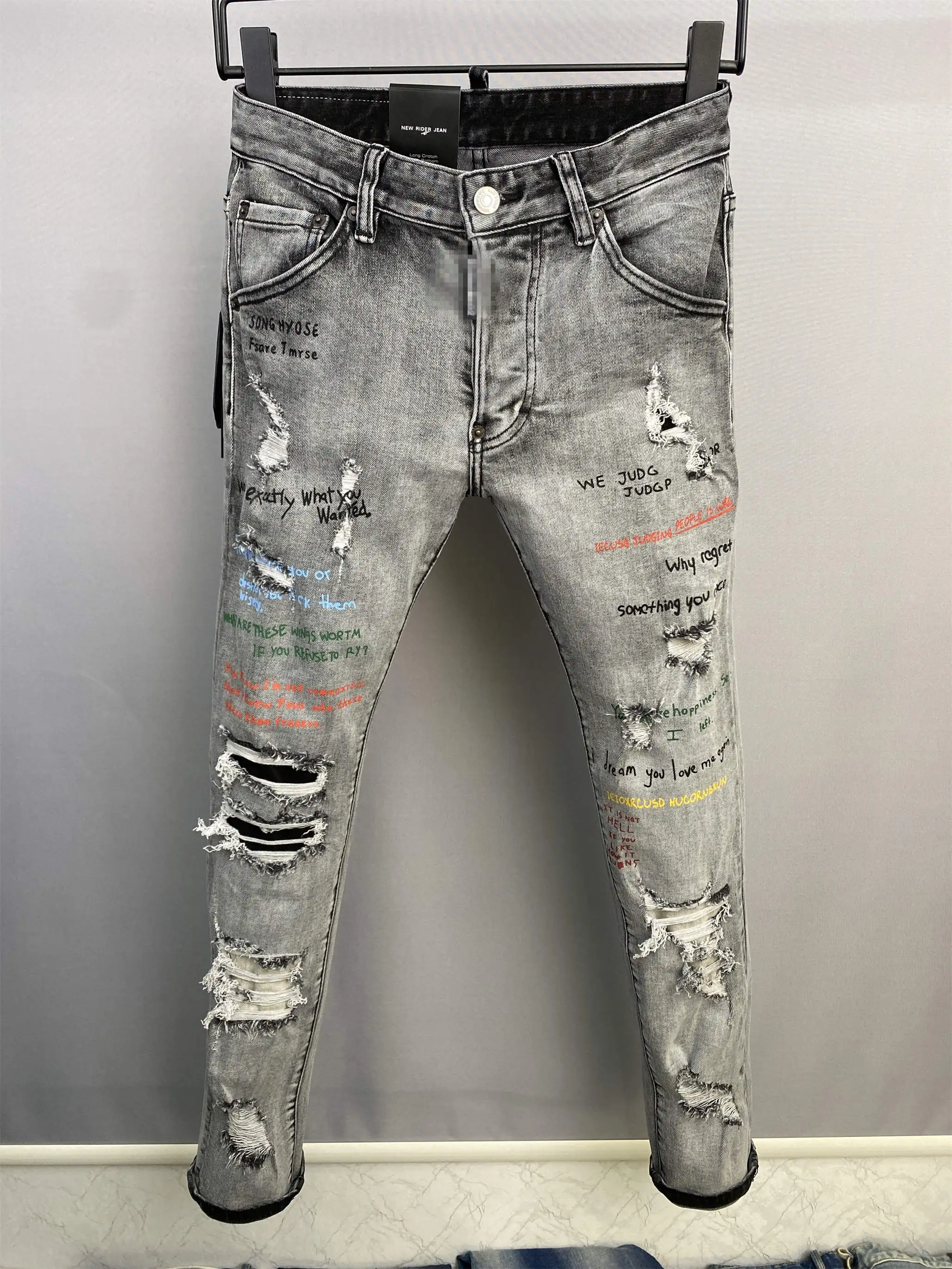 

D2 jeans original quality brand jeans Men straight denim trousers zipper Slim BLACK hole elastic jeans