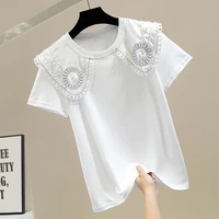 heavy industry beads contrast color embroidered shirt and blouse sweet doll collar short sleeve pullover girls loose shirts tops