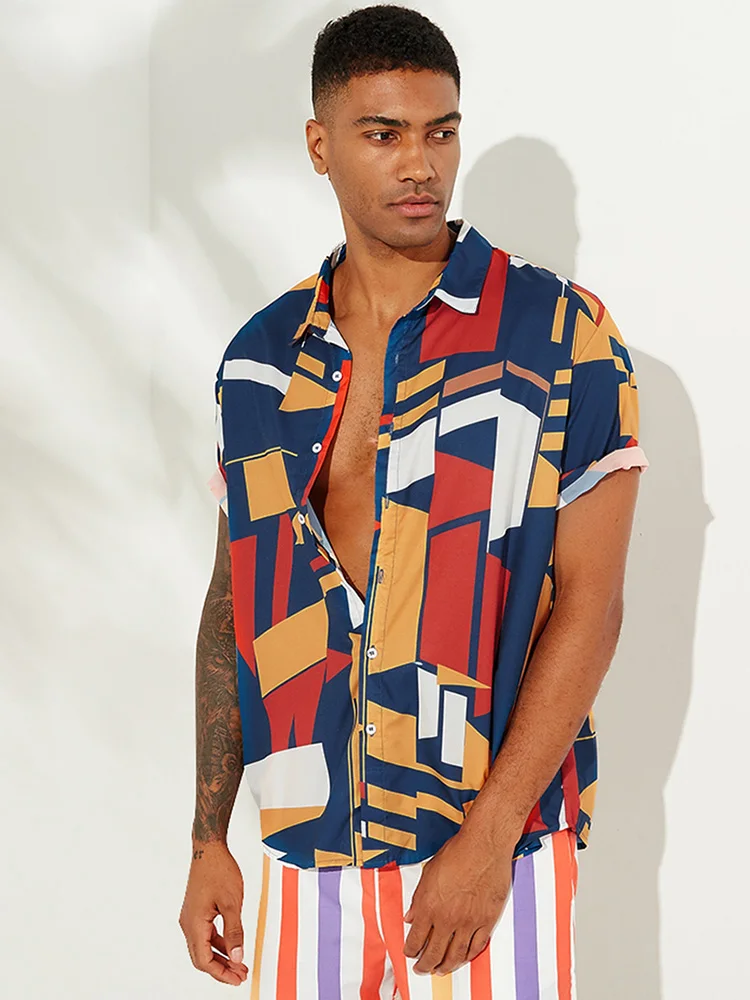 ChArmkpR 2022 Men Summer Shirts Hit Color Printed Turn Down Collar Short Sleeve Loose Shirts Beach Tops Tee Camisas Casaul Top