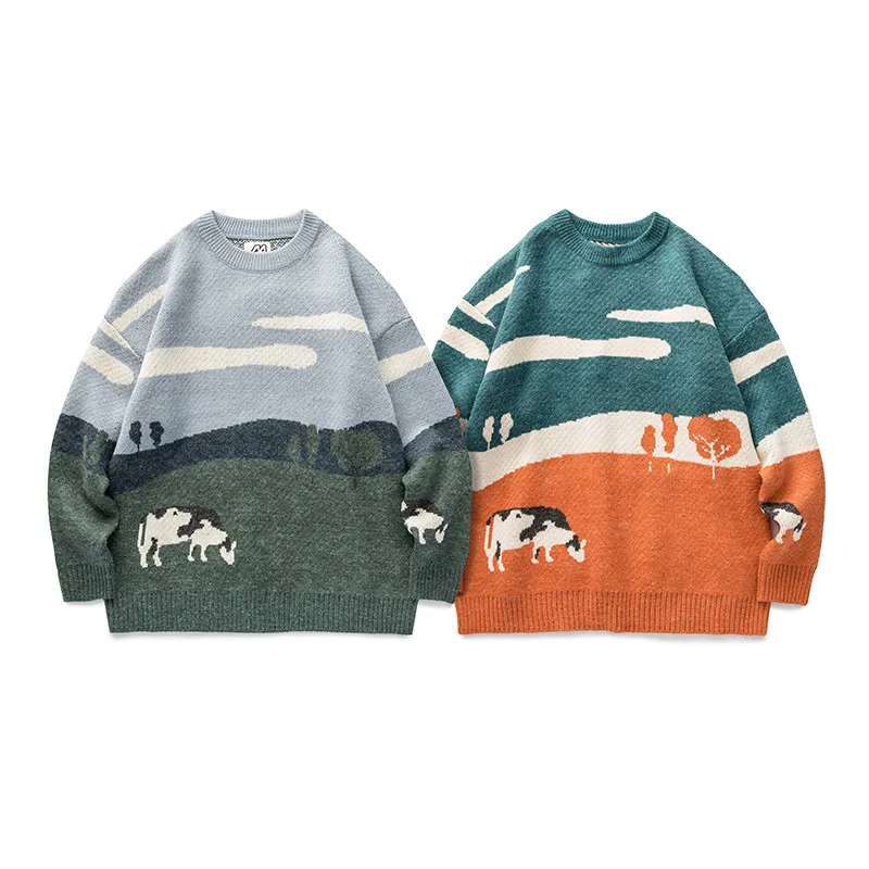 Harajuku Cow and Prairie Man Knitted Sweaters Literary Style O-Neck Long Sleeve Thick Warm Pullovers Green Plush Loose Jumpers
