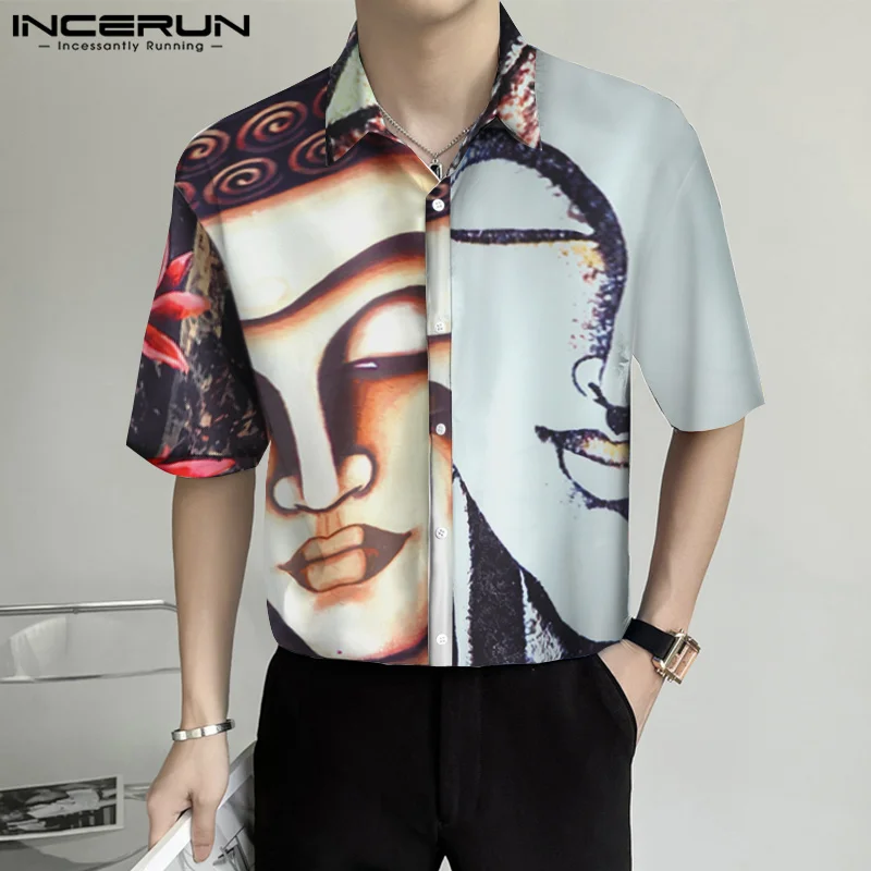 

Stylish Well Fitting Tops INCERUN New Mens Fashion Abstract Art Painting Blouse Casual All-match Male Short Sleeved Blouse S-5XL