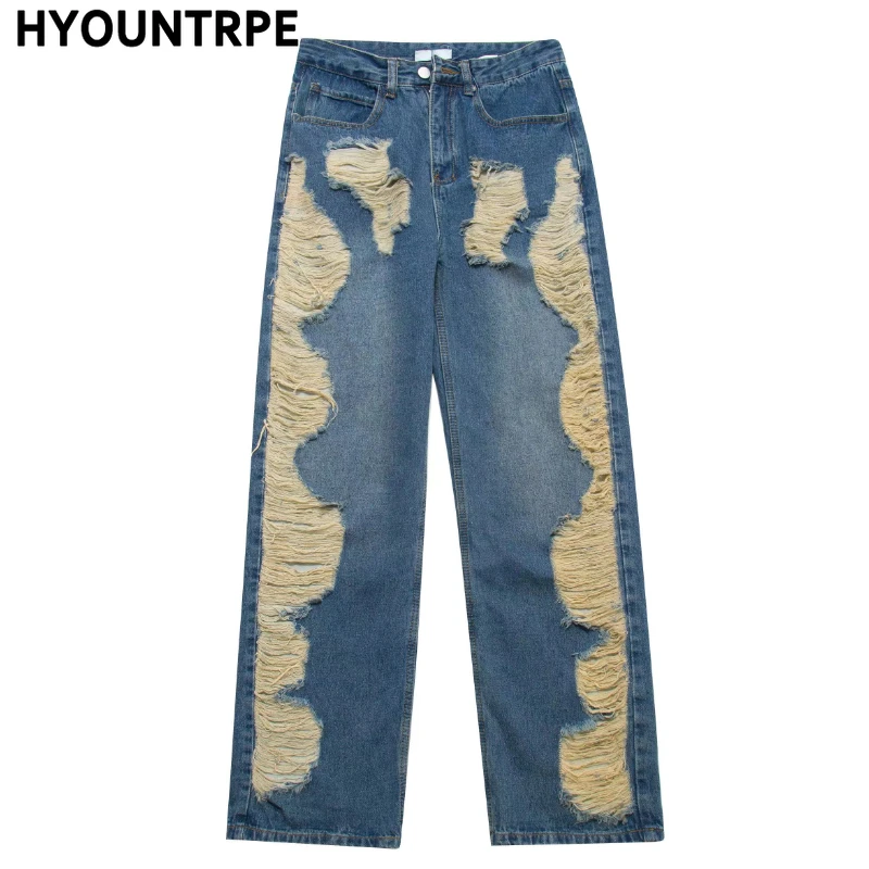 Mens Harajuku Destoryed Ripped Holes Zipper Straight Jeans Women Fashion Hip Hop Streetwear New Casual Joggers Denim Jeans Pants