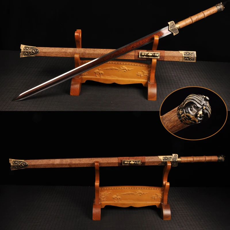 Античный китайский меч из холодной стали кованый дамасский красное покрытие