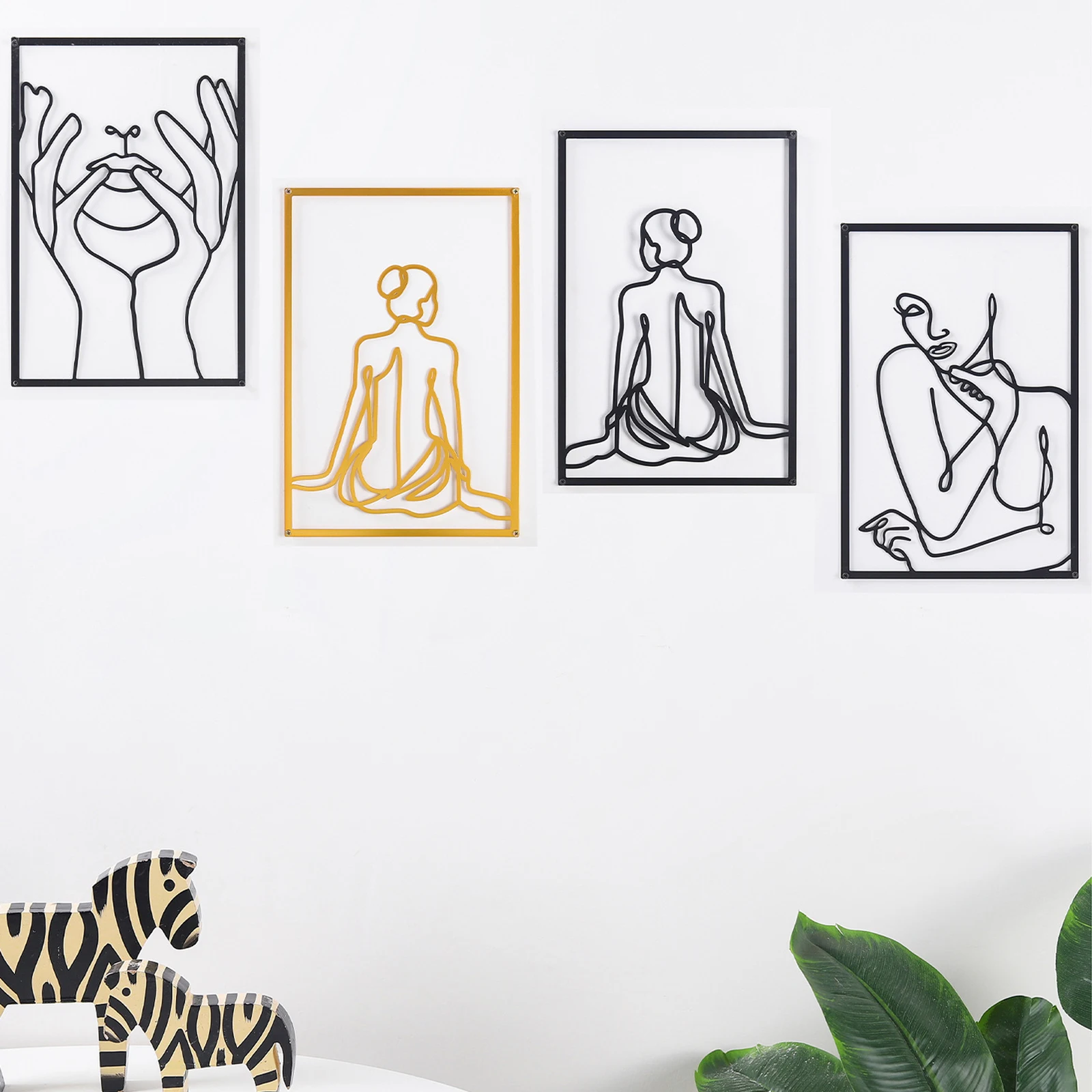

3pcs Wrought Iron Decorative Painting Nordic Light Luxury Abstract Female Line Silhouette Wall Hanging Living Room Home Decor