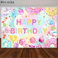 happy birthday backdrop for girl candy donuts photography background customize birthday party decoration banner photo props