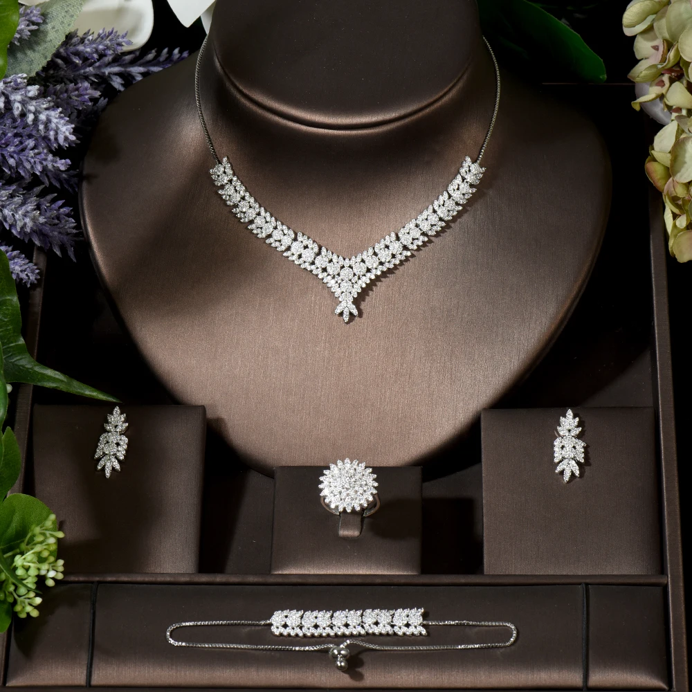 

Fashion Simple 4pcs Ring Earring Necklace Adjustable Bracelet Sets White Gold Color Full AAA Cubic Zirconia Wedding Set N-1559