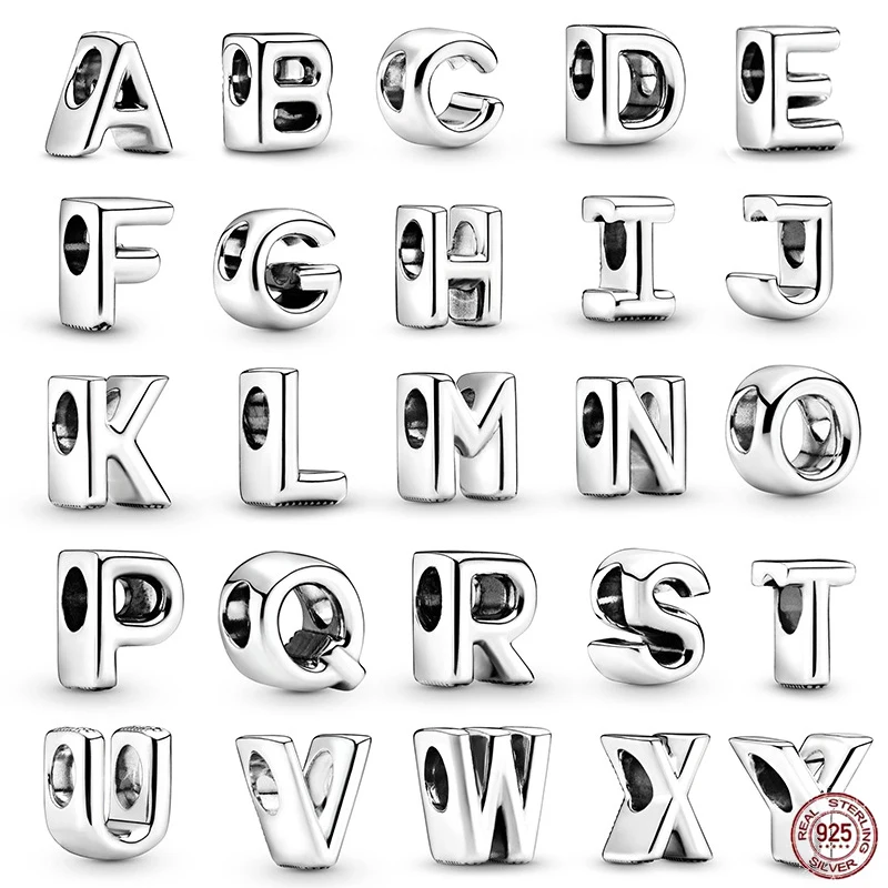

High Quality 925 Sterling Silver Simple Silver Letter A-Z Charm Beads fit Original Pandora Bracelet DIY Exquisite Jewelry Gift