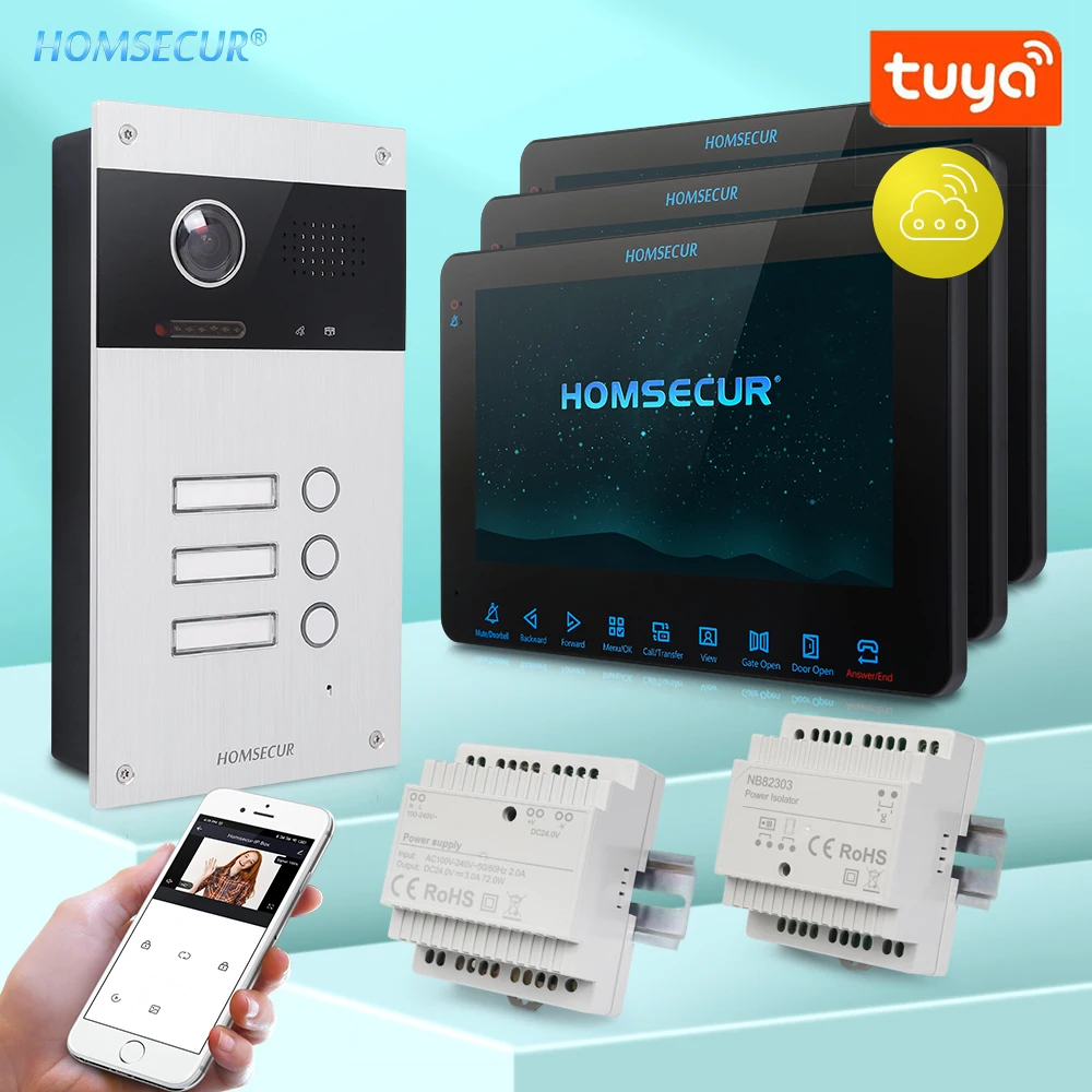

HOMSECUR 800TVLine WIFI 2 Wire Tuya Video Door Phone Intercom Doorbell Door Unlock Waterproof Night Vision 170° for 3 Families