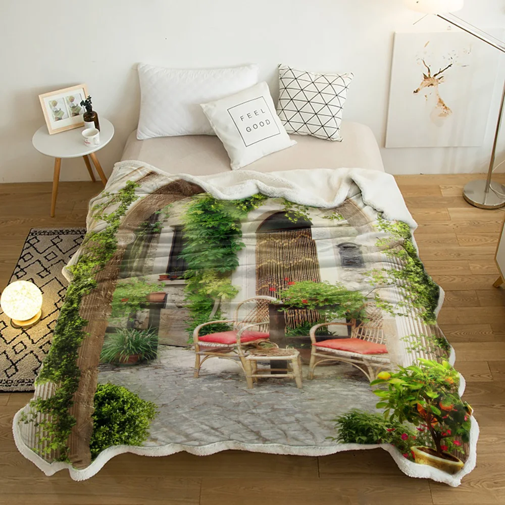

Garden Italian Architectural Flowers Street Cashmere Blanket Thick Winter Bed Lamb Blankets Office Nap Shawl Sofa Bed Bedspread