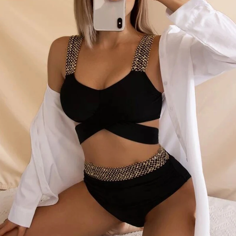 

Sexy Gold Patchwork Swimsuit Women Black Two Piece Bikini 2022 Sport Swimming High Waist Swimwear Push Up Beachwear Bathing Suit