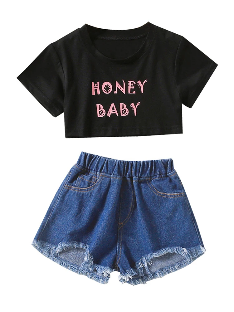 

Летний костюм для маленьких девочек, новинка 2022, детская одежда, модная футболка для малышей + джинсовые шорты, костюм из двух предметов, оде...