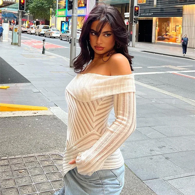 Женская ажурная блузка белый пуловер с воротником-лодочкой и длинными рукавами