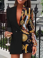 women autumn fashion chain print long sleeve blazer dress office lady work dress