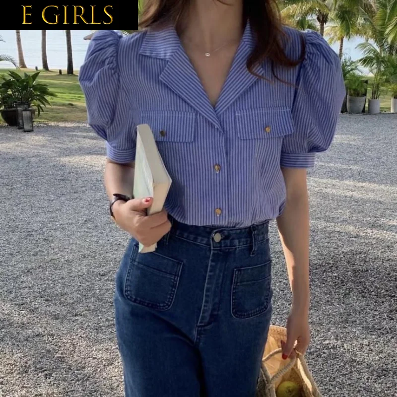 

E GIRLS Casual Elegant Striped Design Women Shirt Niche Fashion Puff Sleeve Lapel Simple Blouse 2023 Summer Korean Short Sleeve