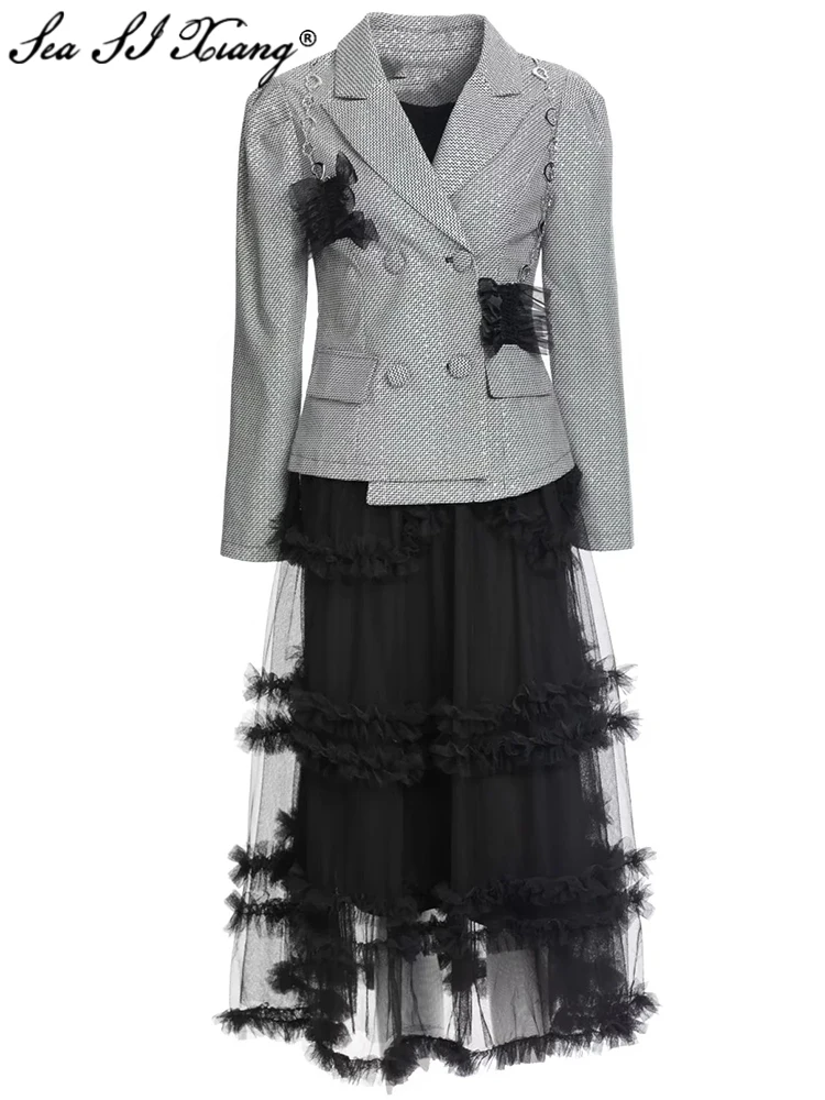 

Seasixiang Fashion Autumn Suit Women Long Sleeves Double Breasted Jacket + Elastic Waist Ruffles Mesh Skirt Two Piece Set
