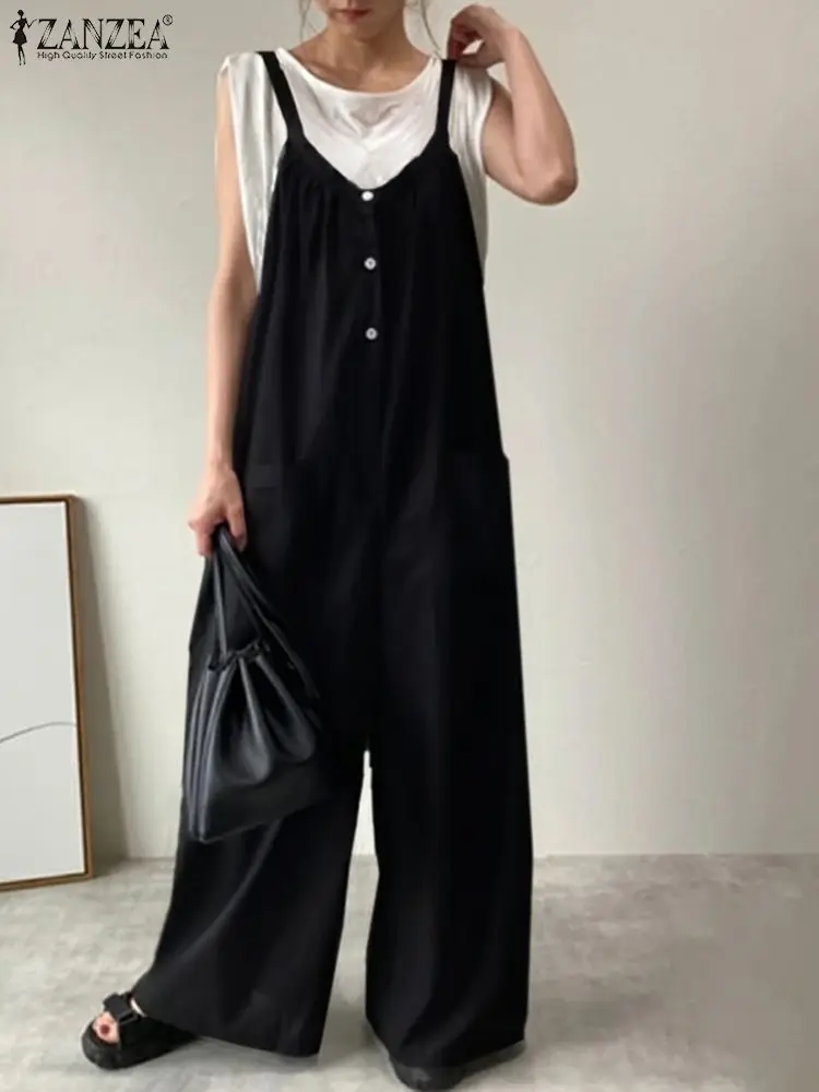 

Комбинезон ZANZEA женский с широкими штанинами, праздничный Повседневный однотонный свободный Ромпер, длинный макси-комбинезон с V-образным в...