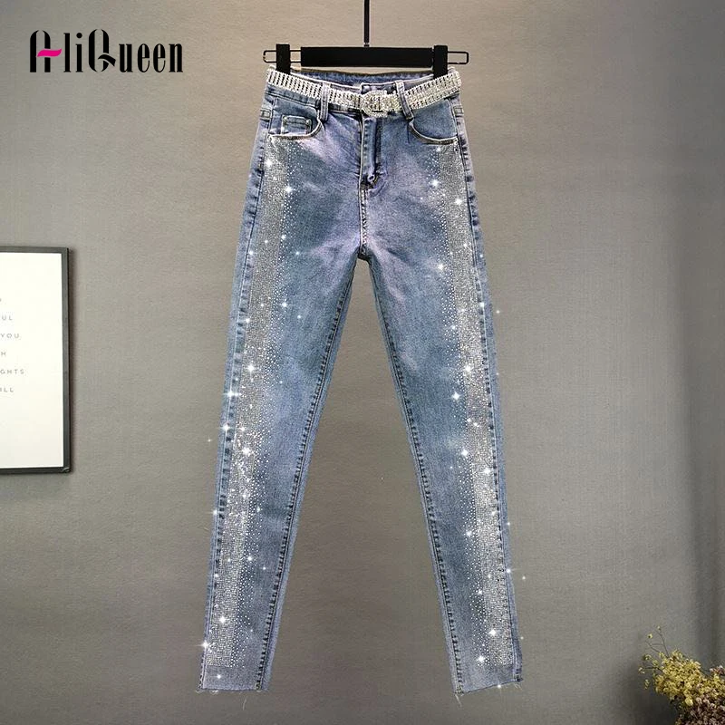 

Джинсы женские узкие до щиколотки, винтажные брюки-карандаш из денима, с завышенной талией, со стразами, уличная одежда, синие, весна-осень