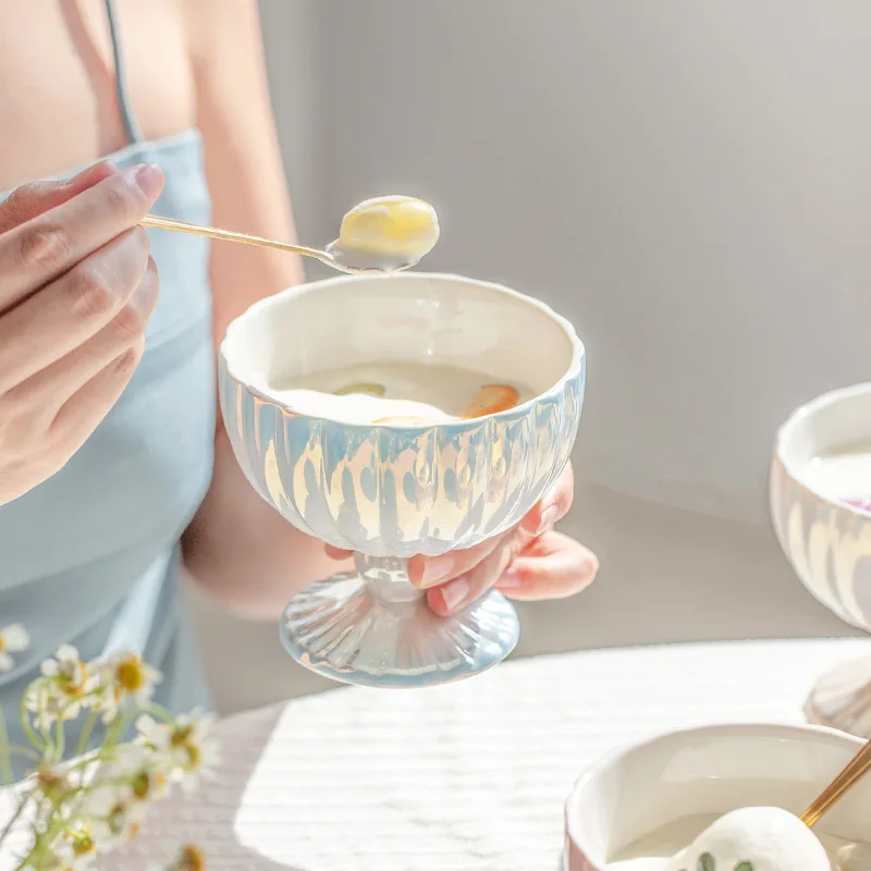 

New summer pearl high-footed yogurt bowl household high-value dessert bowl ice cream cup bird's nest bowl fruit bowl salad bowl