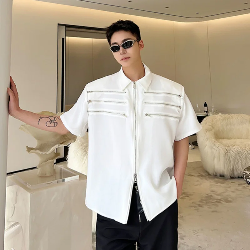 

SYUHGFA Summer New Fashion Men's Casual Shoulder Pad Shirts Personality Multi Zipper Male Short Sleeve Tops 2023 New Trendy