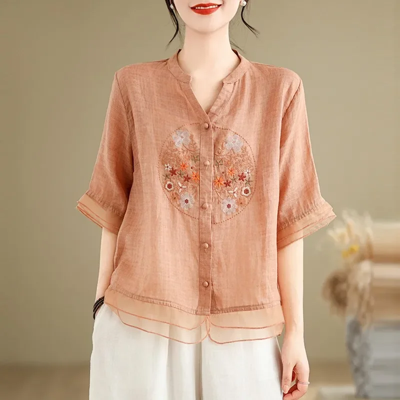 Женская летняя повседневная рубашка винтажный стиль 2024 v-образный вырез