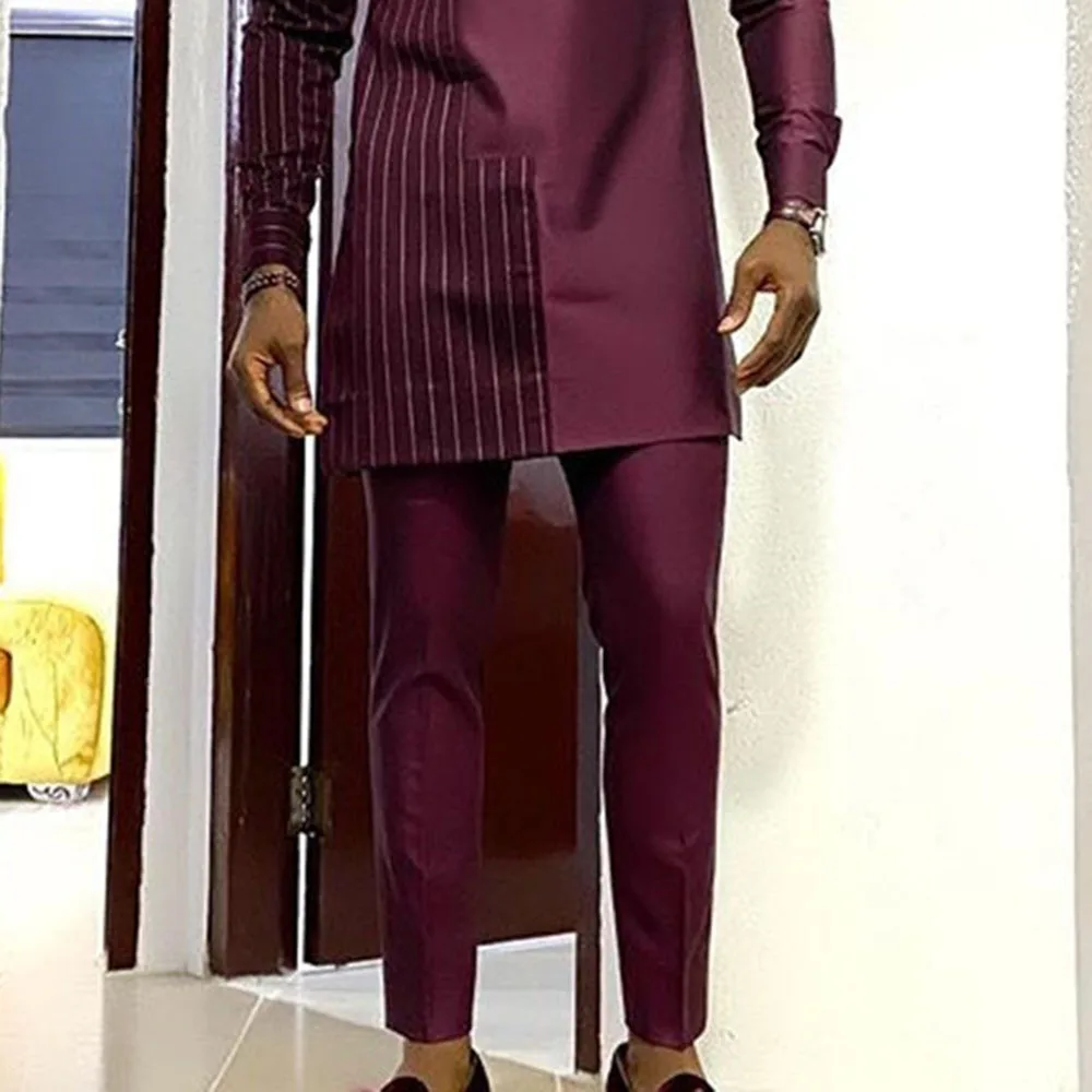 Ramadan Eid Muslim Fashion Crimson Round Neck African Robe Shirt Pants Set Arabic Shirt Camisas Estilo Europeo Pars Hombre Dubai