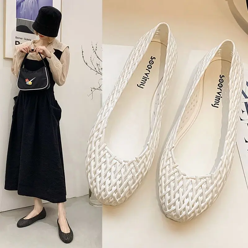 

Women Flats Sandals Plastic Summer Flats Rubber Toe Cap Soft Sole Women Sandals Comfortable Maternity Hollow White Nurse Shoes